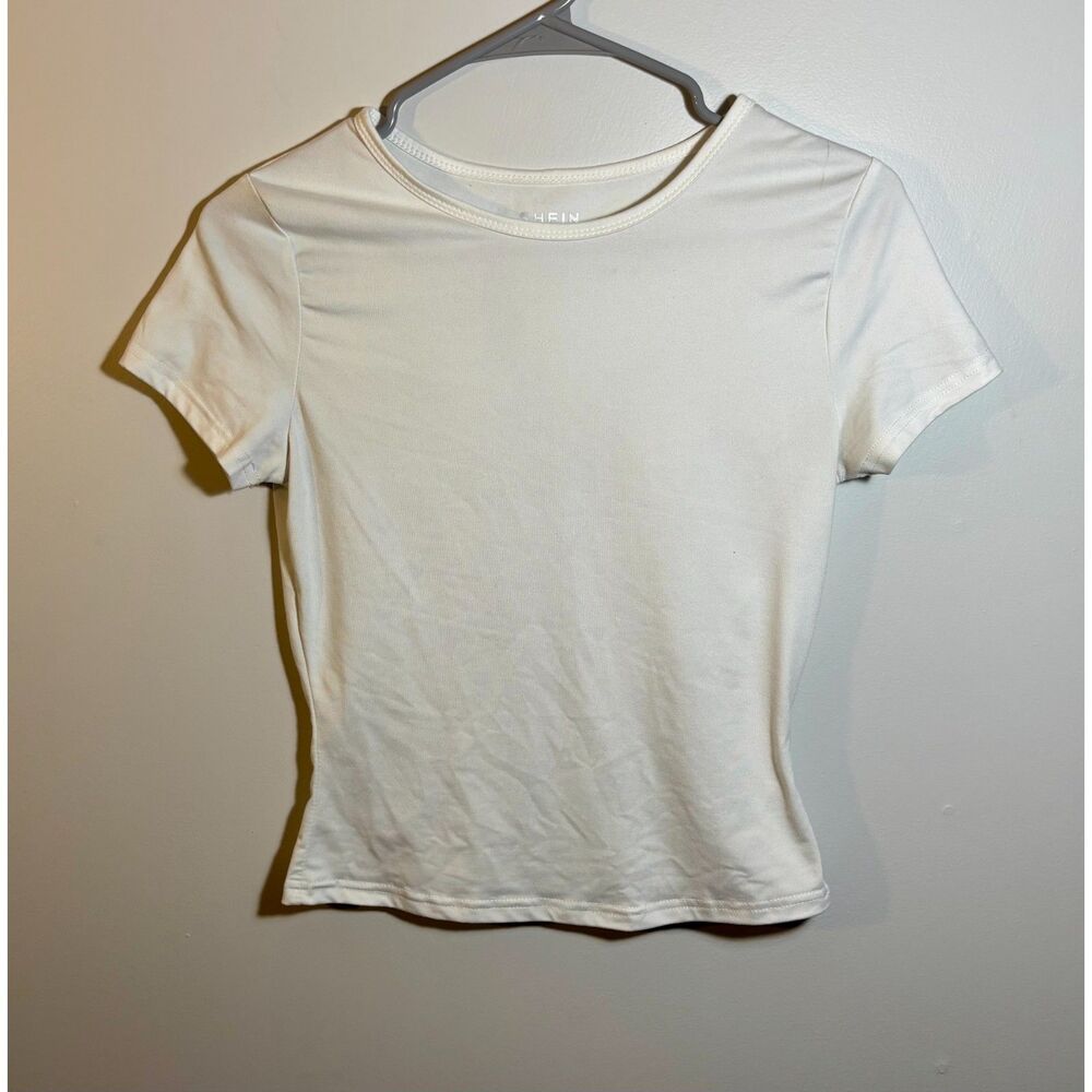 Shein Women’s Small White Basic Short Sleeve Crew Neck T-Shirt Stretch Fitted